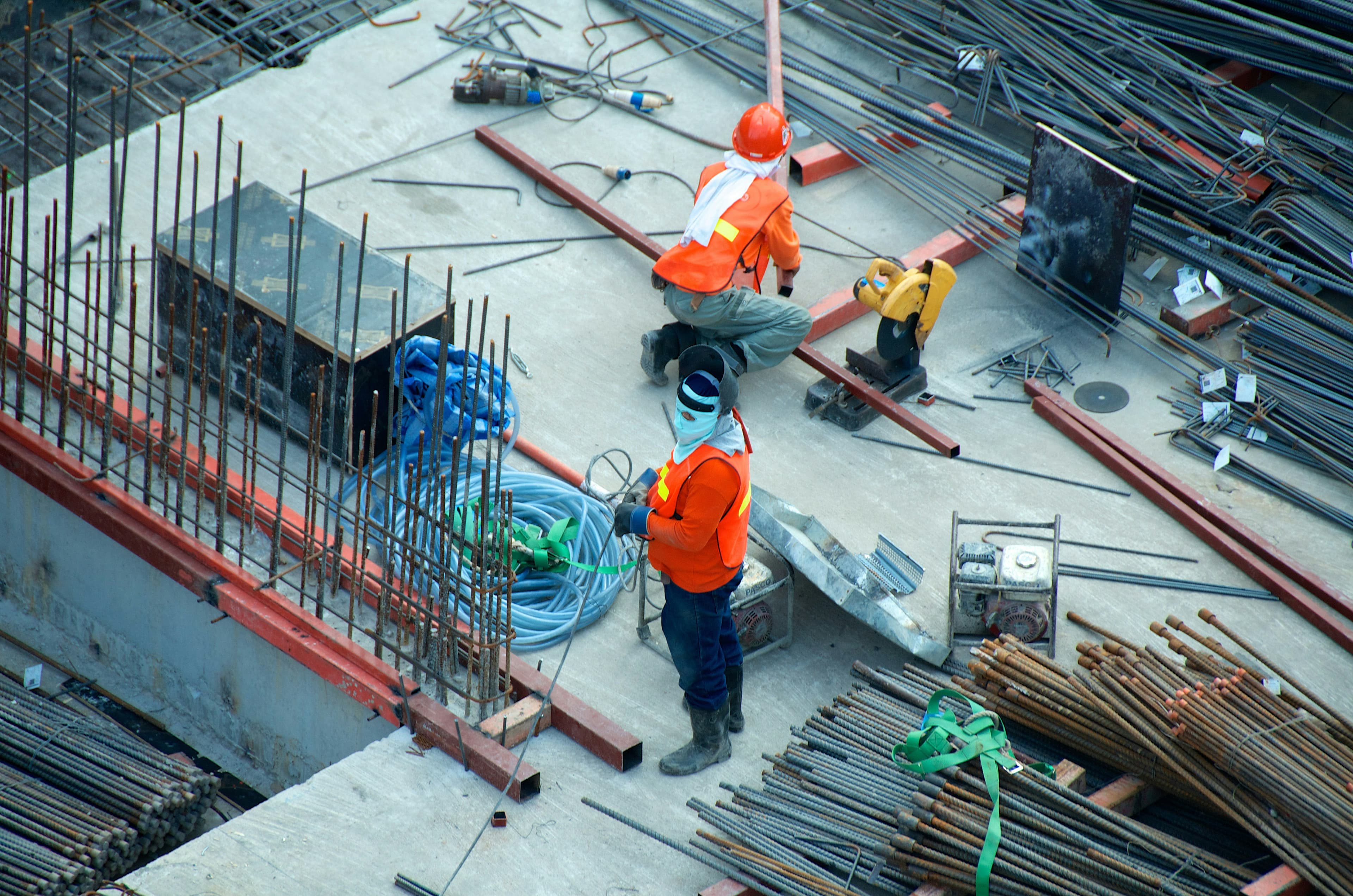 Aerial view of construction workers on an active site